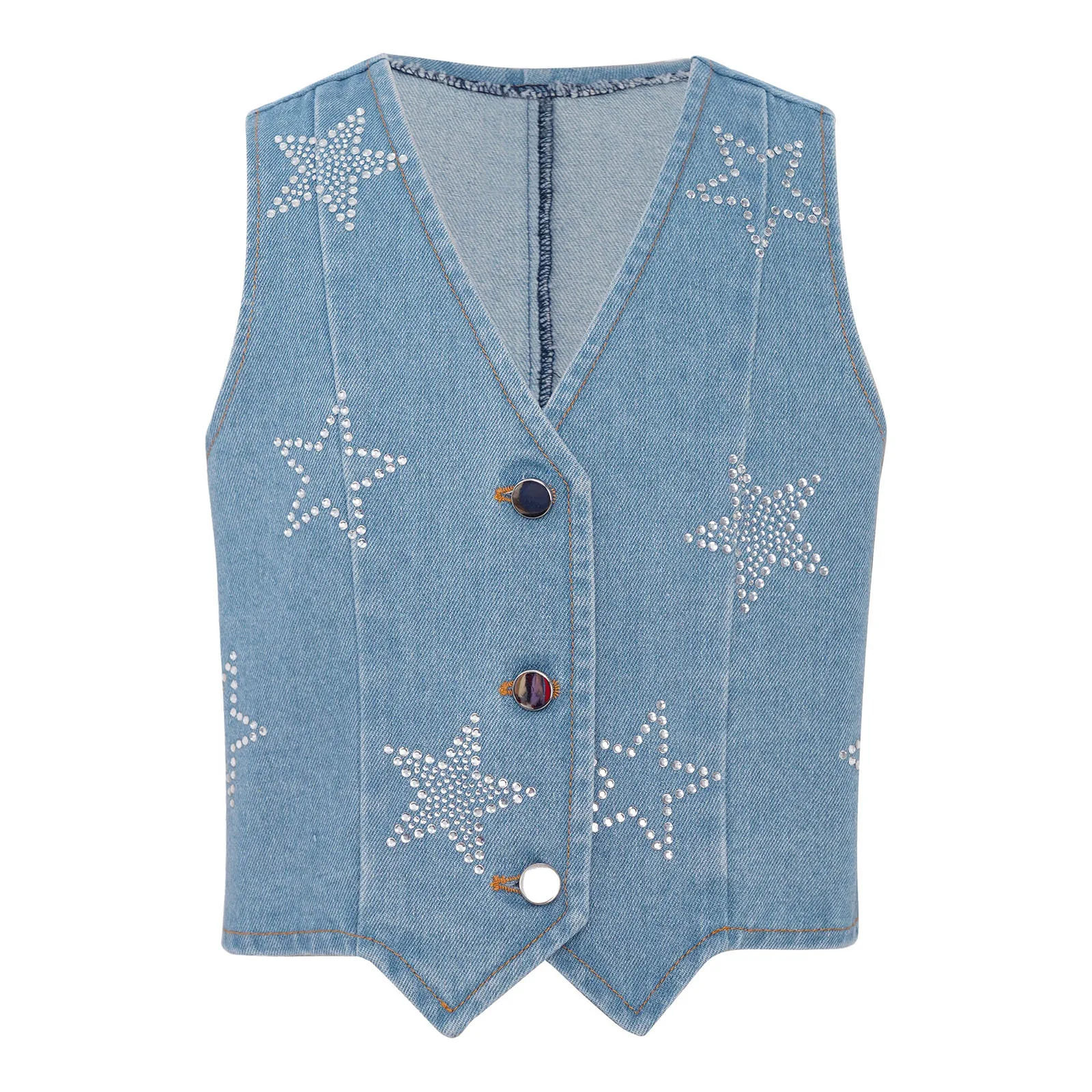 Kids Girls Denim Vest Casual Clothes Shiny Rhinestone Stars Sleeveless Buttons Jacket Asymmetrical Waistcoat for Performance