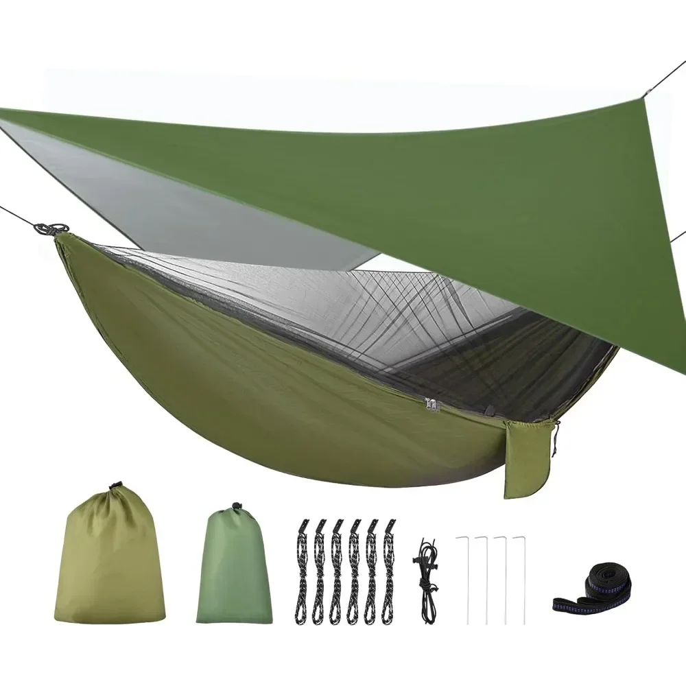 Camping Hammock with Rain fly Tarp and Mosquito Net Portable Single Double Hammock Tent with Tree Strap Backpacking Hammock