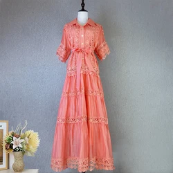 Luxury Long Maxi Dresses Shirt Women Summer Holiday Embroidery Crochet Hollow Out Evening Party Vestidos Loose Elegant Robe