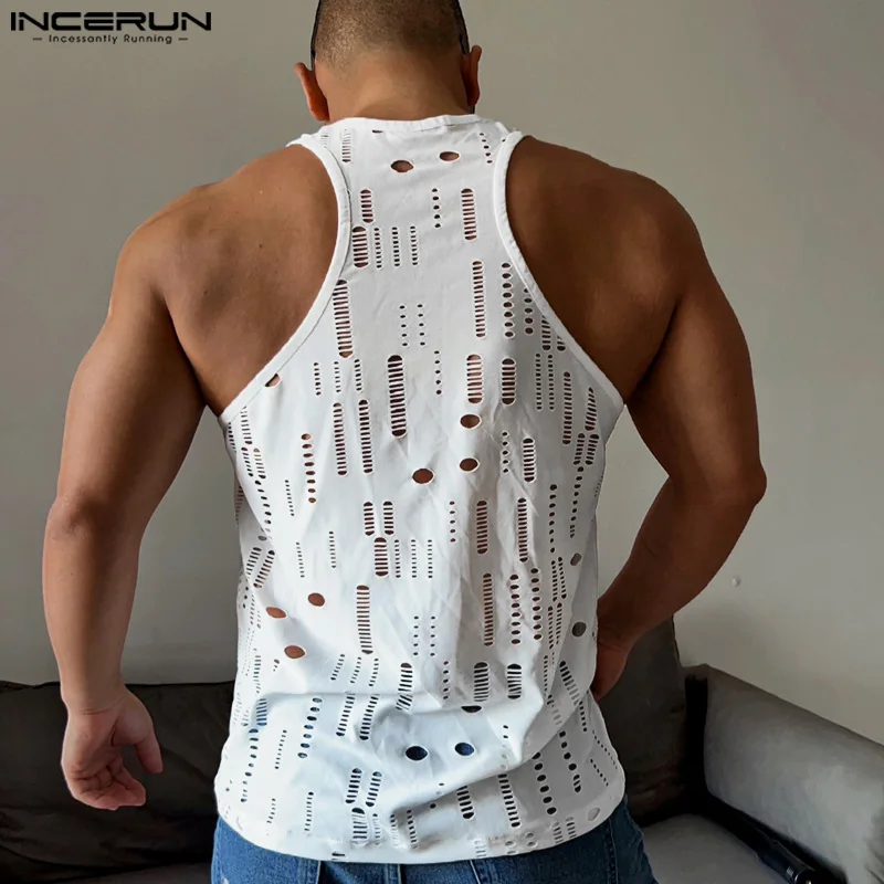 Men Tank Tops Hollow Out Solid O-neck Sleeveless Vests Streetwear 2024 Fitness Summer Sexy Fashion Men Clothing INCERUN S-5XL