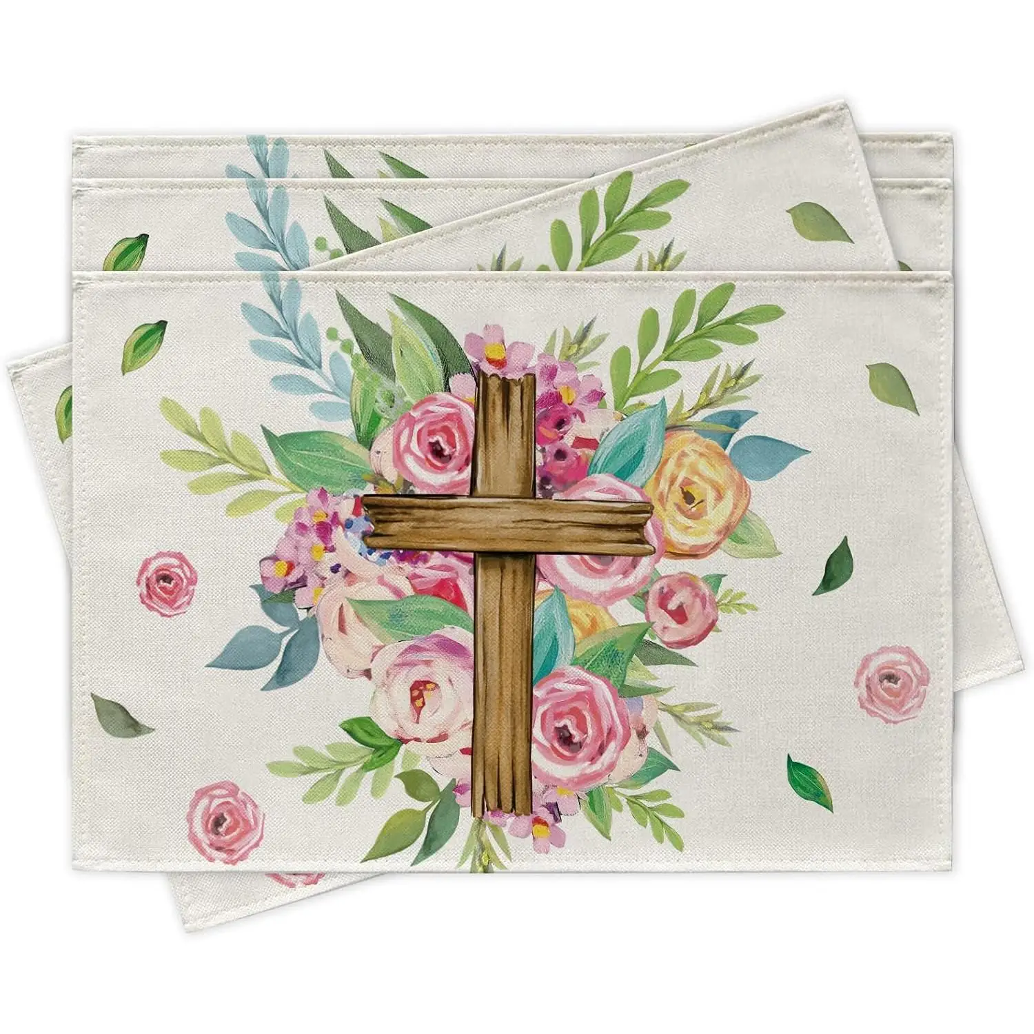 Christian Cross Placemats Set of 4 Religious Pink Rose Flower Leaves Vintage Dining Place Mats Table Decor 12 x 18 Inch