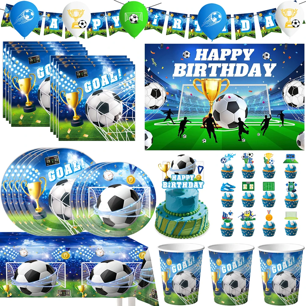Décorations de fête d'anniversaire sur le thème du football, ballons, assiettes, gobelets, bannière, ensemble de vaisselle pour fête de bébé, cadeaux de fête sur le thème du football, cadeaux sportifs pour enfants