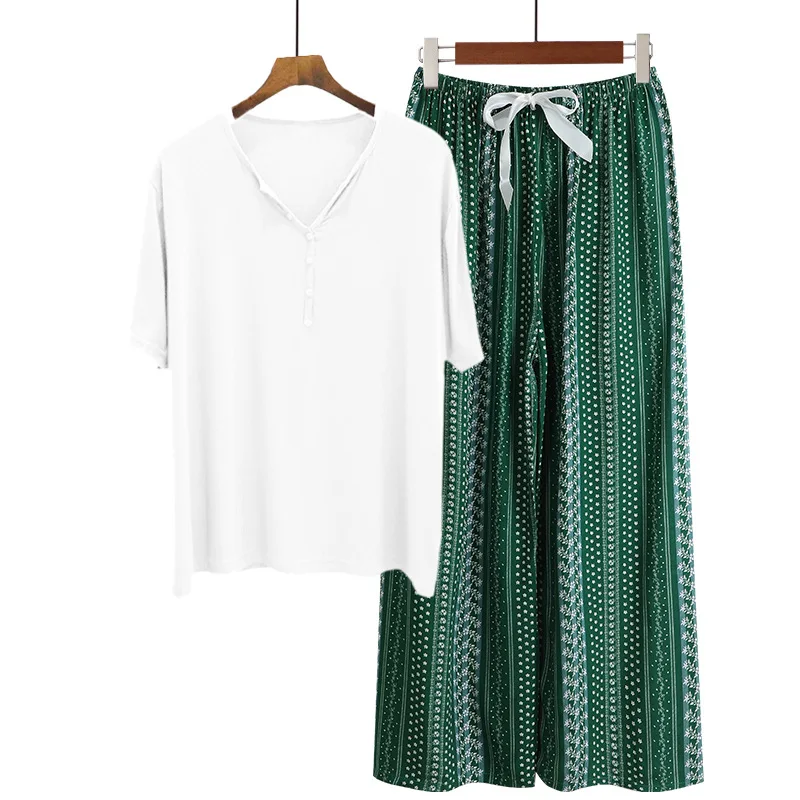 Spring Summer Ribbed Modal Pajamas Sets V Neck Viscose 2pcs Homewear Relaxed Knit Layer Lady's Casual Loungewear