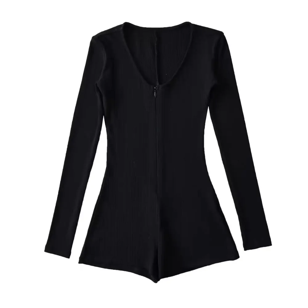 

Soft Bodycon Y2K Slim Bodysuit Zipper Seamless Long Sleeved Jumpsuit V-Neck Yoga Clothes Jumpsuit Shorts Women Party