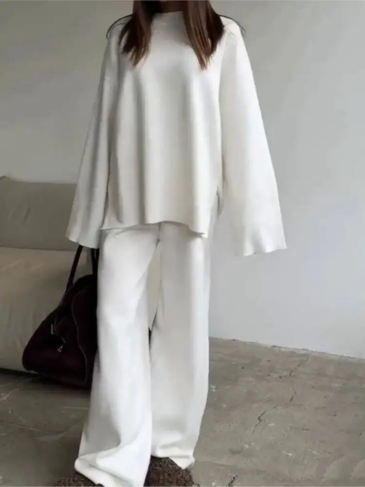 

2025 однотонный вязаный свитер, комплект из двух предметов, женский модный свободный вязаный пуловер с круглым вырезом, комплекты брюк, женский простой стиль