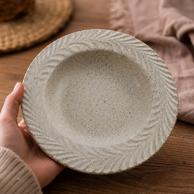 Vintage coarse pottery straw hat plates Stripe embellishment Relief spaghetti steak dinner plate Restaurant hotel tableware