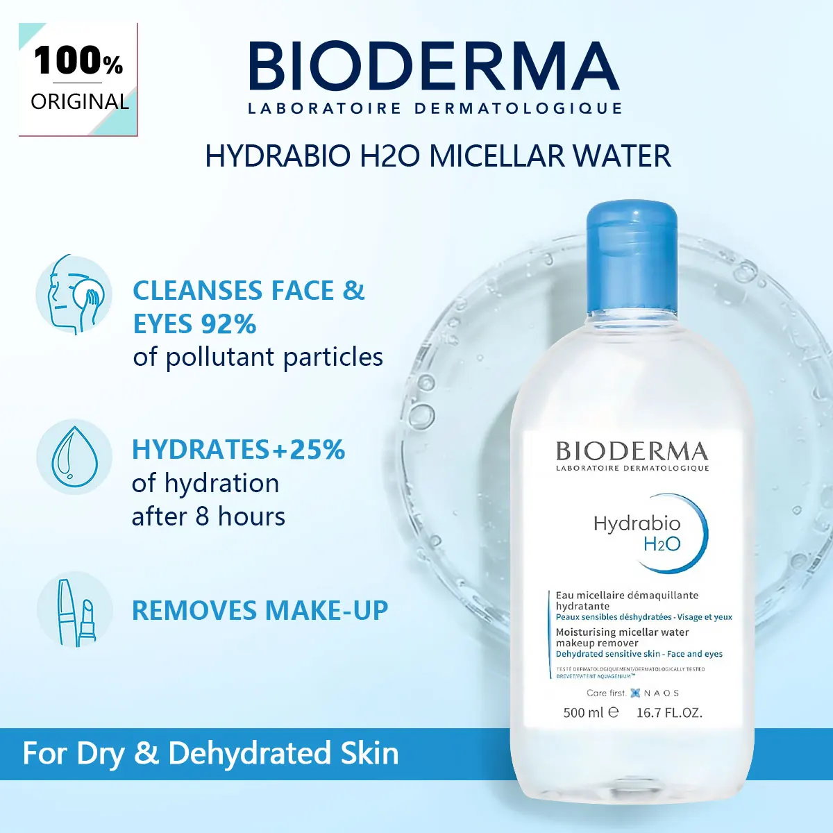 Bioderma HYDRABIO H2O 500ML, Fórmula Suave y No Irritante, Ligero y a Base de Agua, Sin Residuos y No Reseca, Limpieza Diaria