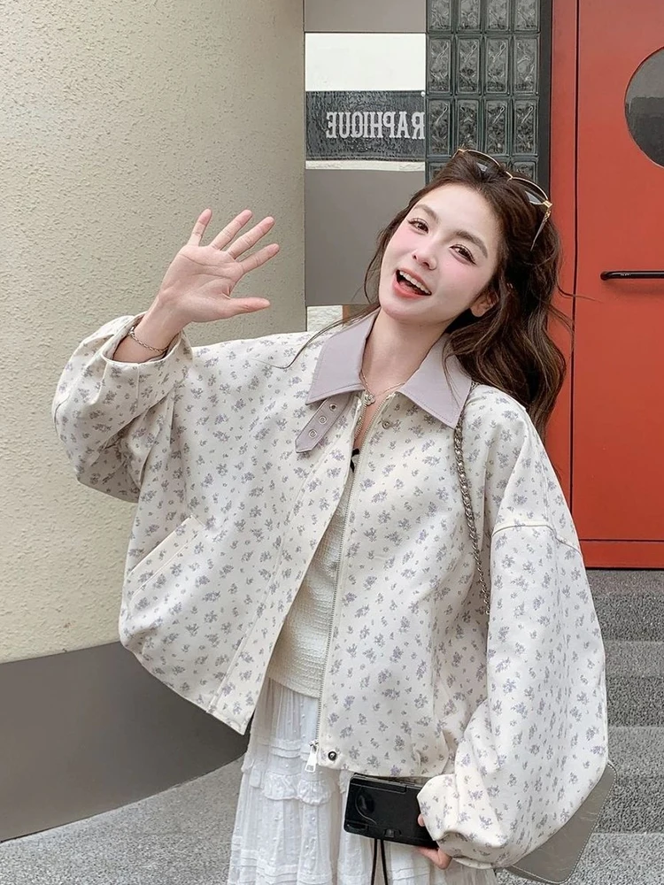 Sweet Floral Jacket Women Elegant Loose Long Sleeve Cute Preppy Style Short Coat Fall Winter Fashion Female Zipper Outwear Tops