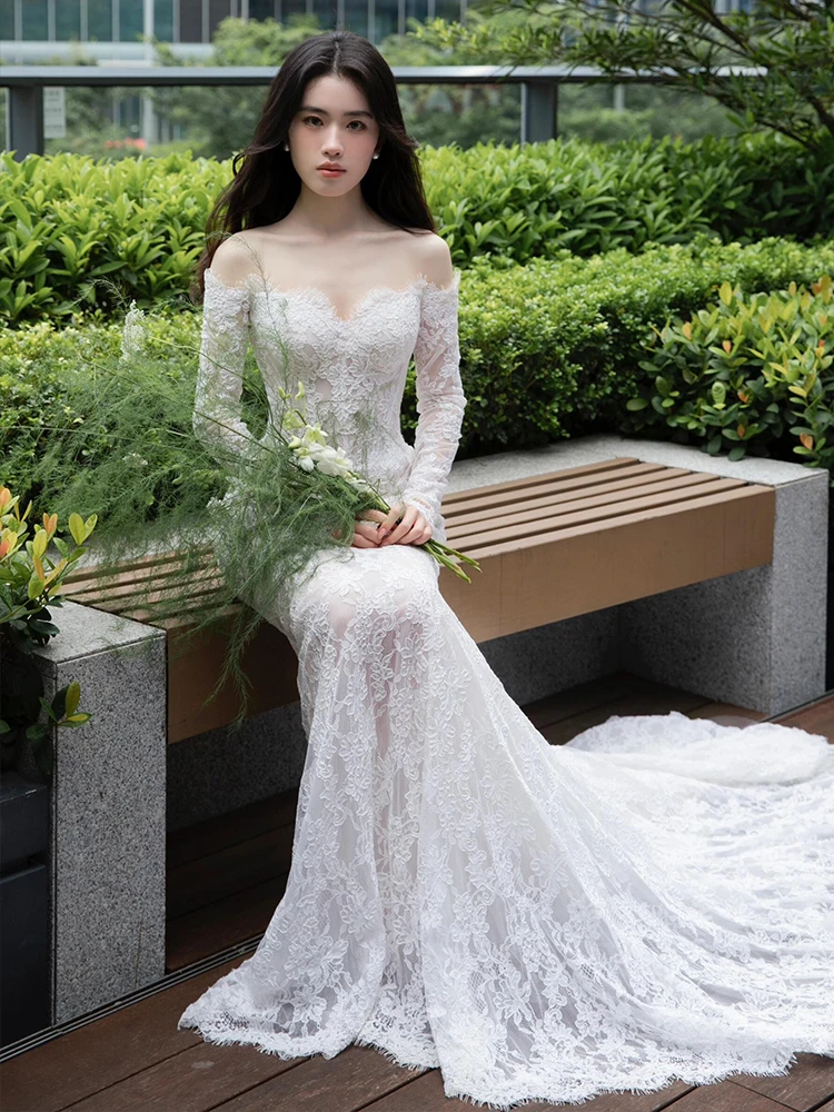 

Ele Lace Long Sve One oulder Wedding Dr Vintage High Ne Fi Tail Gown for Winter Wedding Reception Guest Dr