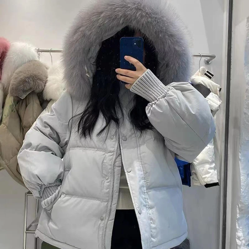 Winter Women Grey Hoodies Duck Jacket Parkas Thicken Warm Long Sleeve Padded Coat 90s Vintage Overcoat Streetwear 2000s Clothes