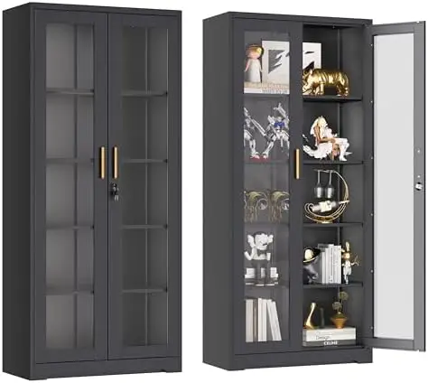 Lockable Display Cabinet with Glass Doors, Curio Cabinets with 4 Adjustable Shelves, Liquor Bookcase Bookshelf with