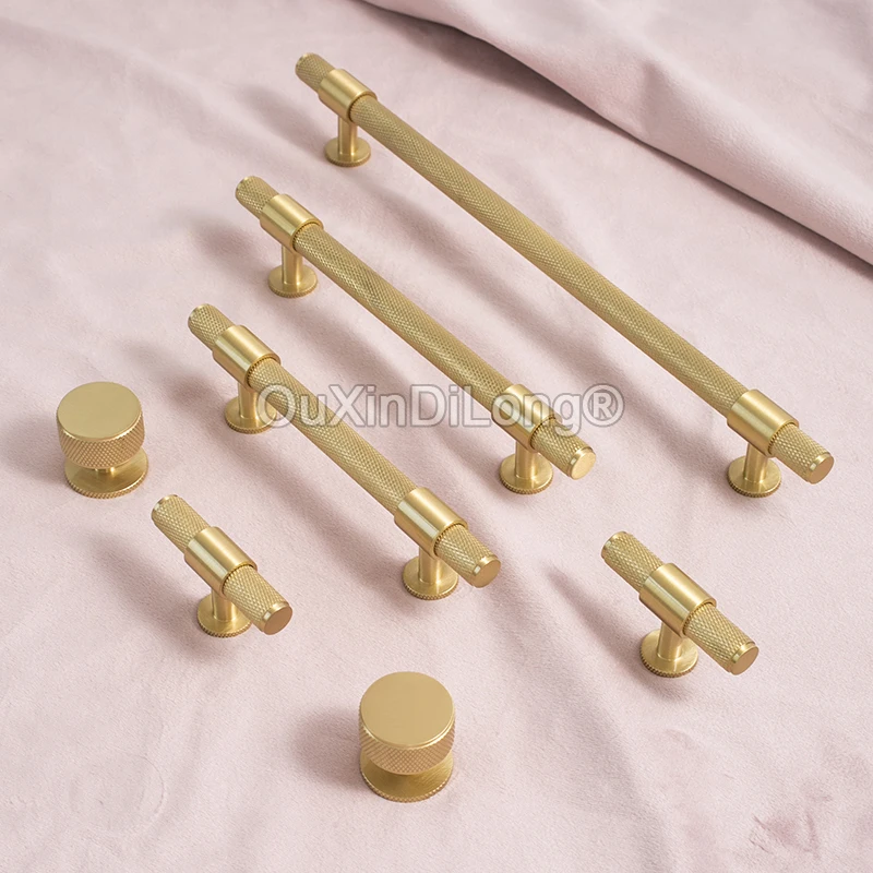 

4PCS Solid Brass Handles Knurled Cabinet Door Knobs Wardrobe Drawer Kitchen Furniture Handles Pulls Satin Brass GF1127