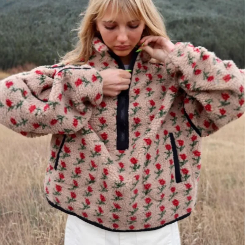 Women's Clothing New Fleece Fashion Coats Flower Print Fleece Sweatshirts Loose Coats Winter Patchwork Pullover Long-sleeved Top