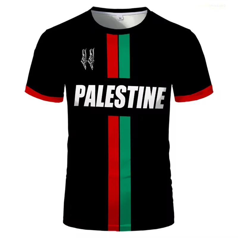 فلسطين كرة القدم تي شيرت الصيف موضة قصيرة الأكمام العلم الفلسطيني ثلاثية الأبعاد مطبوعة تي شيرت عادية س الرقبة فضفاض رجالي بلايز تيز