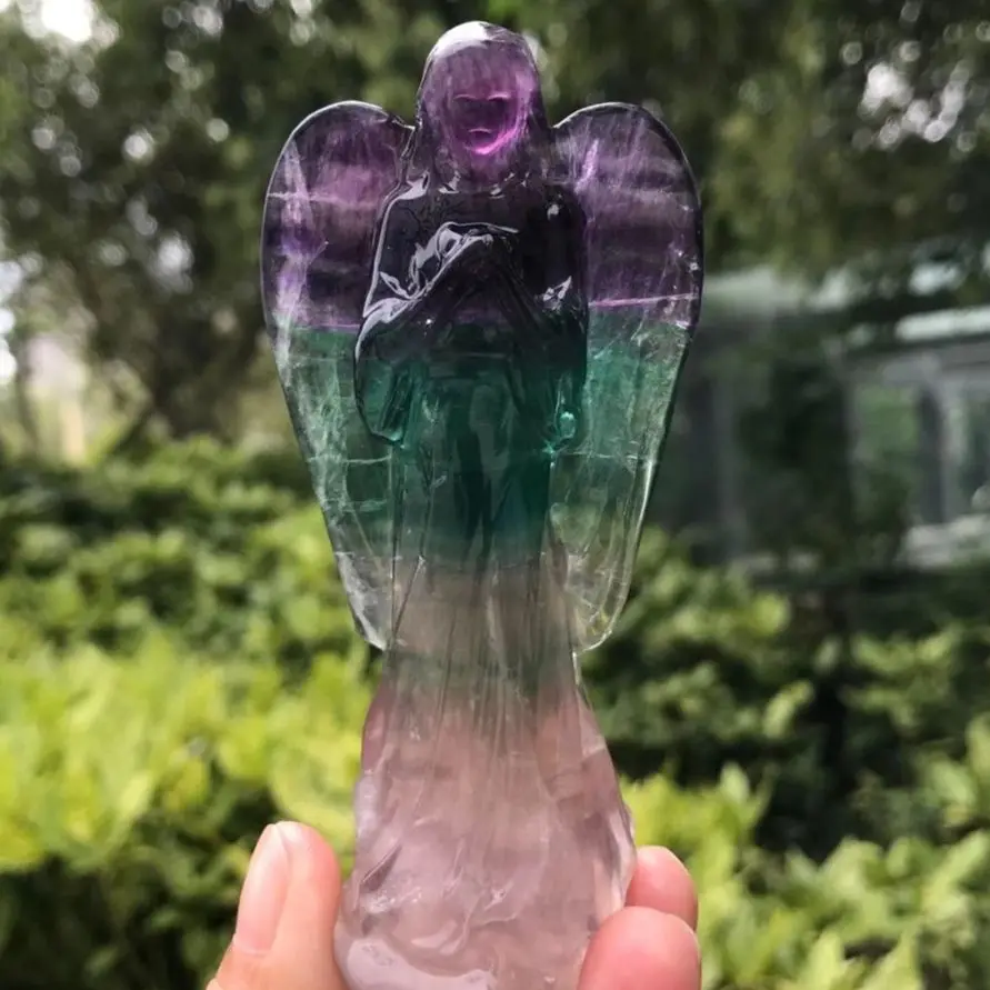 3pcs 100mm Natural Colorful Fluorite Angel Figurine Stone Carved Crafts Gemstone Home Decor Crystal Healing Reiki Quartz