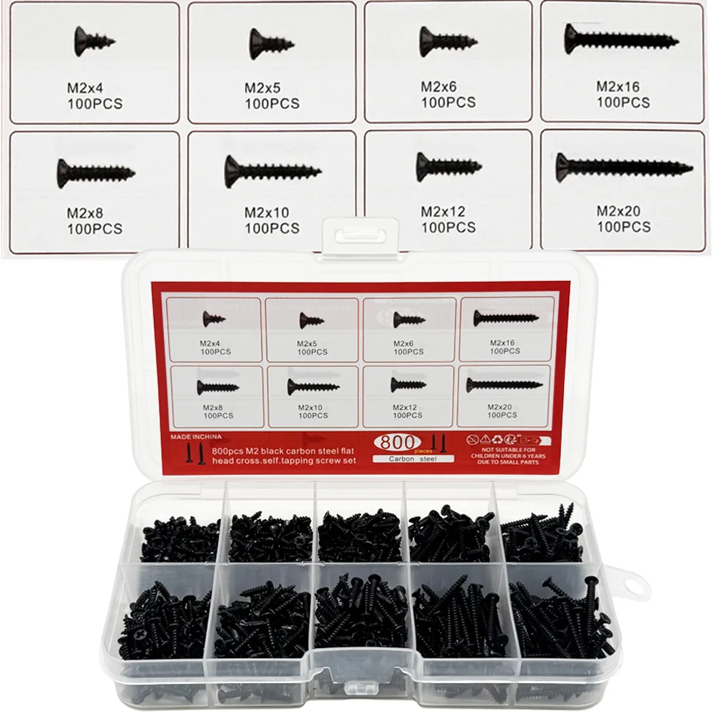 800PCS M2 Black Phillips Self Tapping Screw Assortment Kit Locking & Wood Screws Set for Various Applications