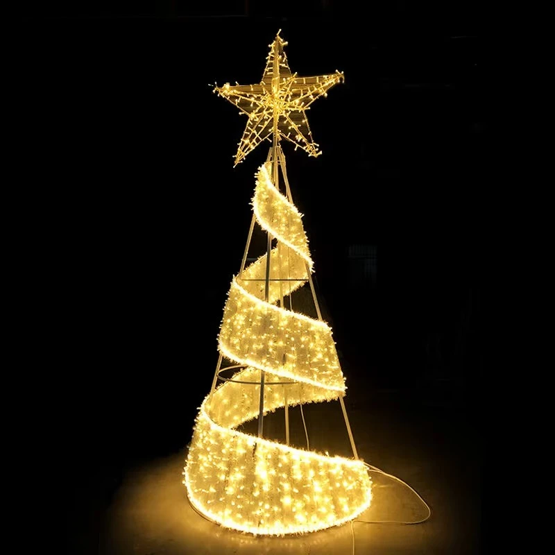 Outdoor 10 Ft LED Christmas Tree, Large PVC Holiday Decoration, Giant Metal Spiral Ribbon, White Blue Wired Frame