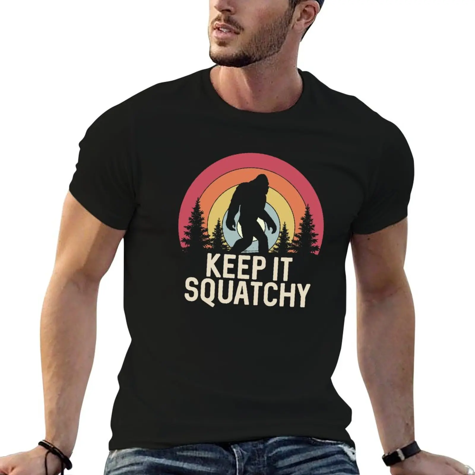 Funny Bigfoot Retro Sunset Keep it Squatchy T-Shirt High Elasticity Sports Tee Shirt