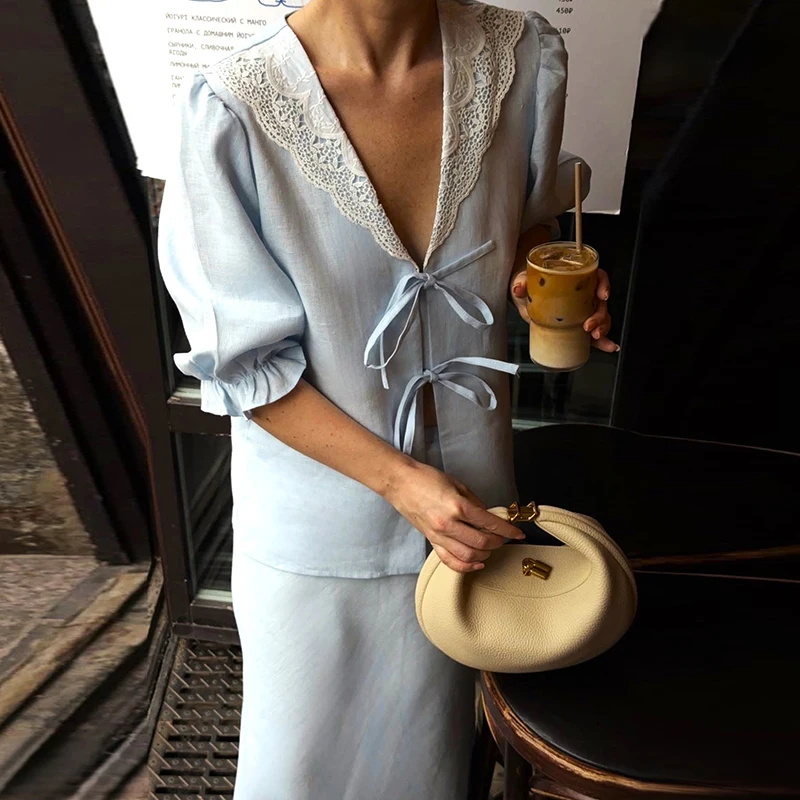 Temperament Solid Bubble Sleeve Fishtail Suit French Embroidered V-Neck Top+Skirt 2pc Set Elegant Tie Up Loose Commuting Outfit