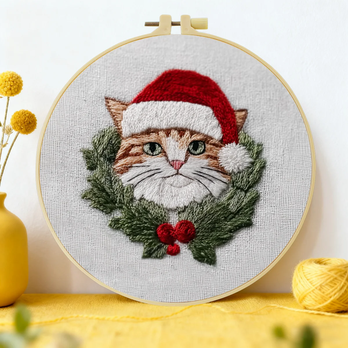 1 Stück 20X20CM/15X15CM 7,87/6,3 Zoll Stickerei-Starter-Kit DIY-Set Heimdekoration, Weihnachtskatze, Stickerei-Set – Detail 1