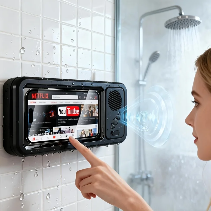 Shower Phone Holder with Bt Speaker 360° Rotating Touchscreen Hands-Free Speaker for Watching Movies And Listening to Music