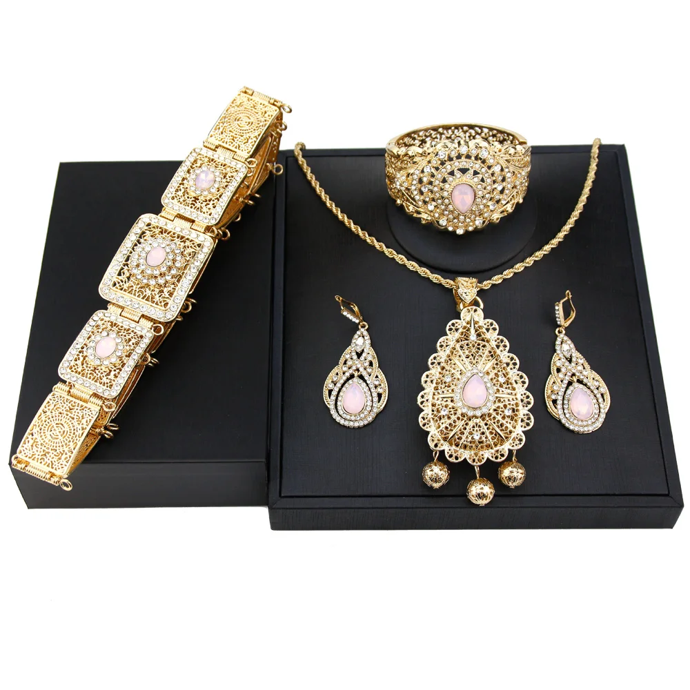 Sunspicems Marokko Bruid Sieraden Sets Roze Kristal Vrouwen Armband Oorbel Ketting Caftan Riem Goud Kleur Wedding Bijoux Gift