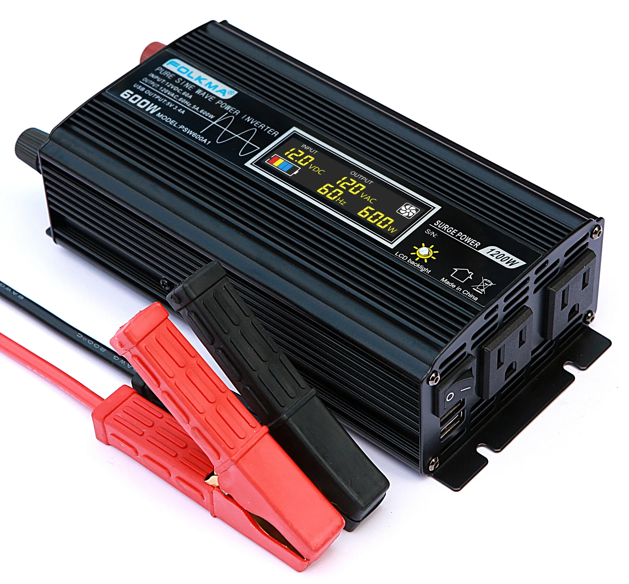 

Power Inverter Pure Sine Wave 600W DC 12V to 110V AC for Car with LCD Display