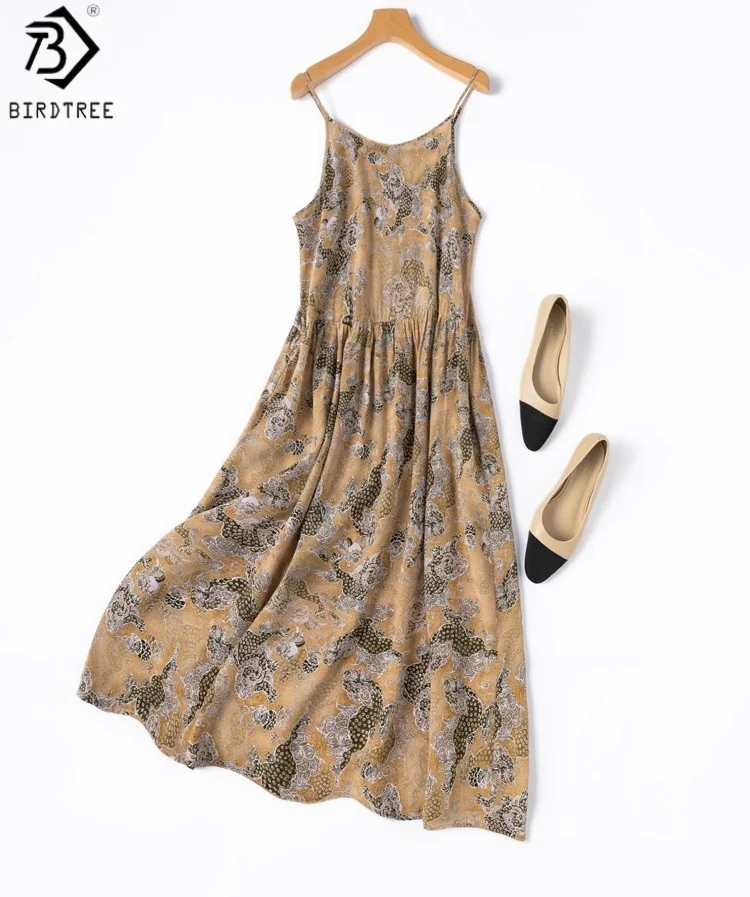 

BirdTree 100% Mulberry Silk Khaki Printing Dress,Woman Double Crepe V-neck Sleeveless Suspender Dresses, 2025 New D57335JF