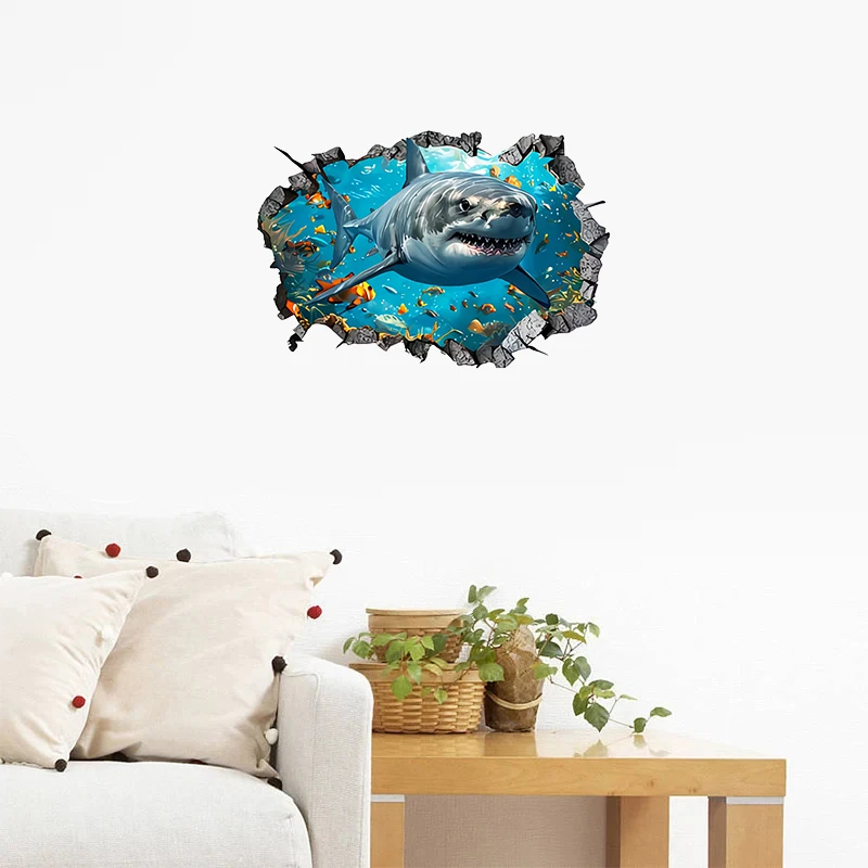 Realistic Shark Tear Wall Decal Great Shark With Ocean Scene Breaking Through Wall Vinyl Sticker Suitable For Smooth Surface