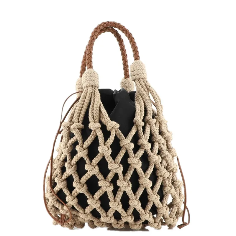 Designer Braided crochet net bag Women shoulder bag Casual summer khaki woven beach bucket tote handbag purse khaki 2022 new