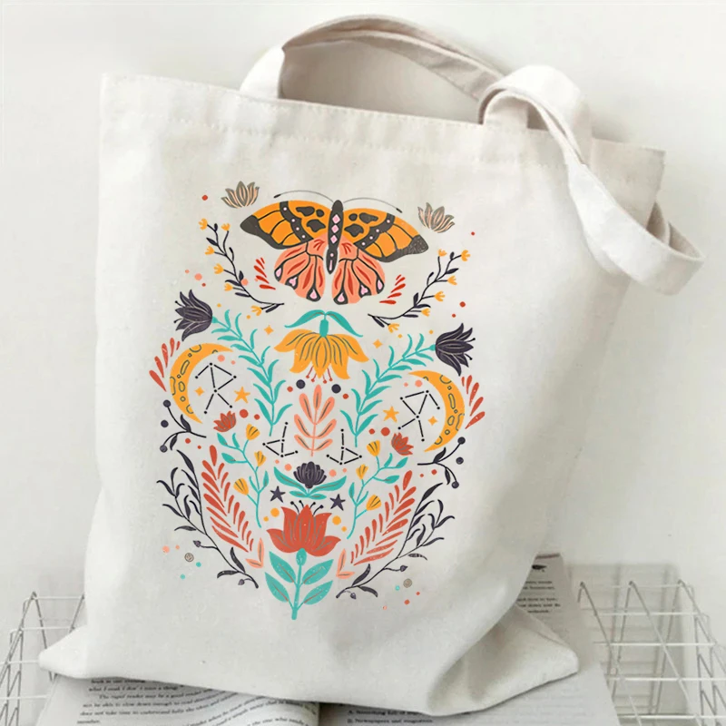 Women\'s Shopping Purse Vintage Flower Butterfly Design Floral Print Storage Handbag Butterfly Lover Gift Women Canvas Tote Bags