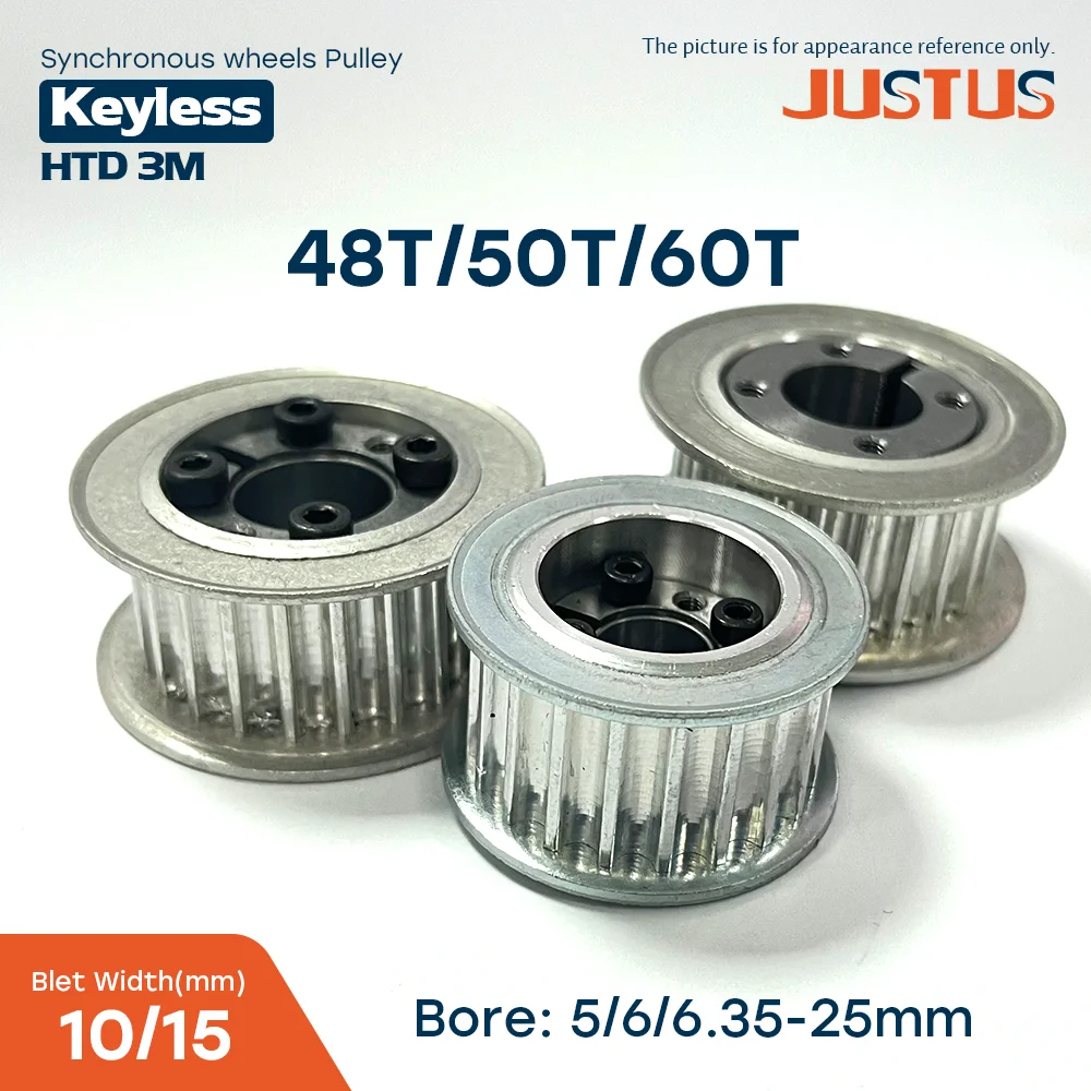 HTD 3M 48T/50T/60 Teeth Timing Pulley Keyless Bushing Bore 5/6/6.35/8/9/10/11/12/14/15/16/17/18mm-25mm for Belt Width 10/15mm