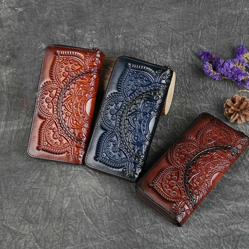 Retro Girl's Wallet Long Hand Bag Women's Leather Handmade Embossed Floral Phone Purse Chinses Style Ladies Card Holder