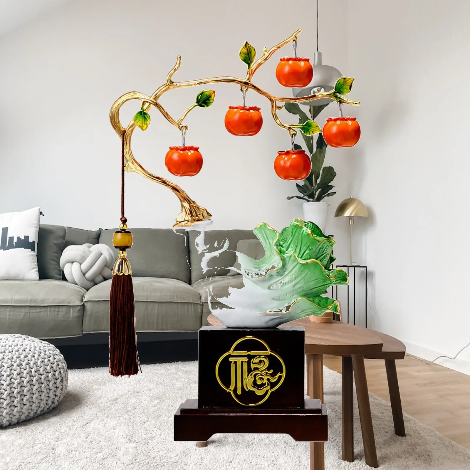 Asian Decoration Cabbage Sculpture Resin Alloy Wood Material White Green Gold Branch Red Fruit Tassel for Entryway Cabinet