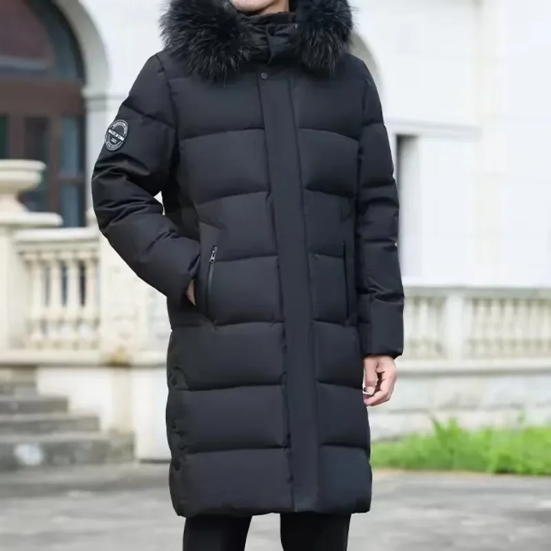 Winter Fur Collar Down Jacket Men's Luxury Business Thickened Warm White Duck Down Coat Men Casual Long Cold-proof Hooded Parka