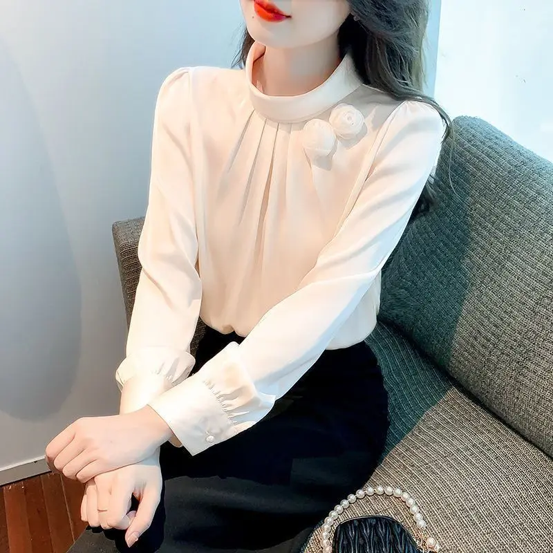 Elegant Solid Color Spliced Flowers Folds Blouse Women Clothing 2022 Autumn New Loose Casual Pullovers Fashion Office Lady Shirt