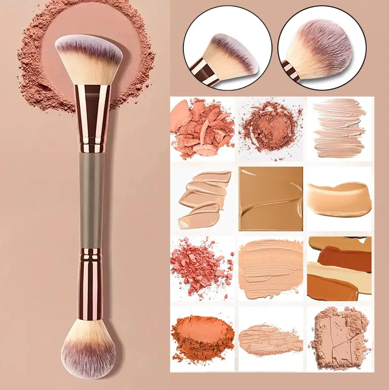 Pincéis de maquiagem de base de ponta dupla 2 em 1 Pincéis de contorno de chama e blush Pincel inclinado angular/redondo para contorno e iluminador