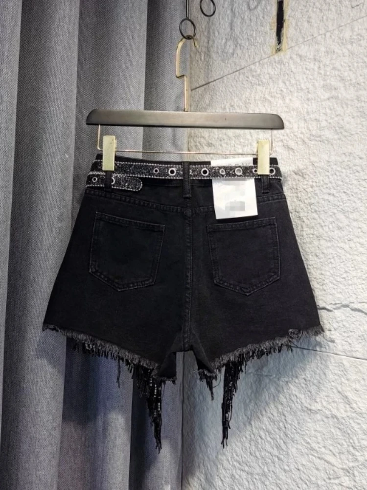 Shorts Summer 2026 High Waist Slimming Lightweight Breathable Heavy Beads Sequins Fringe Denim For Women Sexy Sparkly Hot Pants