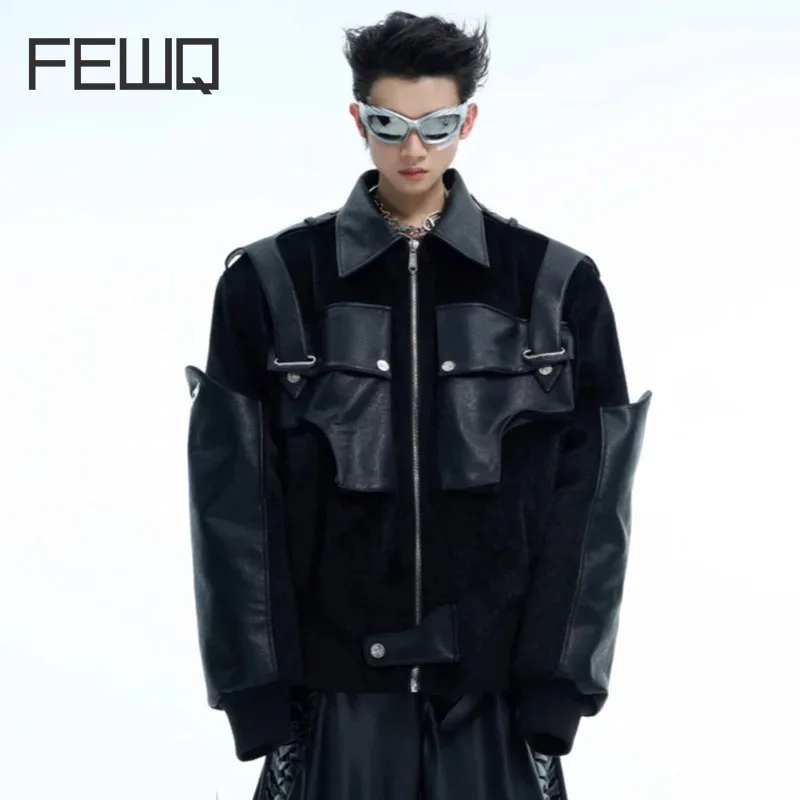 FEWQ Doublelayer PU Leather Splicing Short Plush Men Coat Thick Long Sleeve Lapel Design New Male Biker Jacket 24E5181