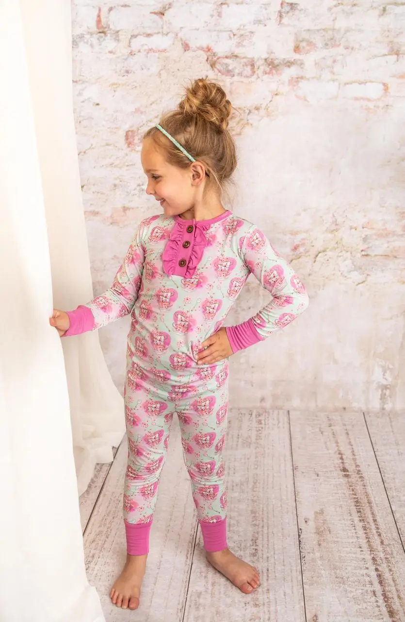 Wholesale Baby Sleeper 95% Bamboo Viscose 5% Spandex Kids Two Pieces Pajama Set with Ruffle