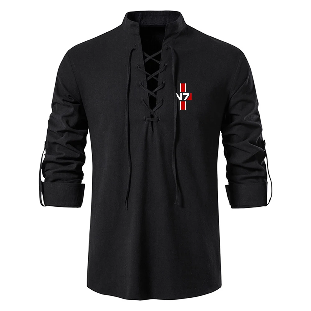 N7 Mass Effect New Stly Men's Casual Spring and Autumn Hot Sale Frenulum Collar Casual Cotton Linen Shirt Long Sleeve Tops