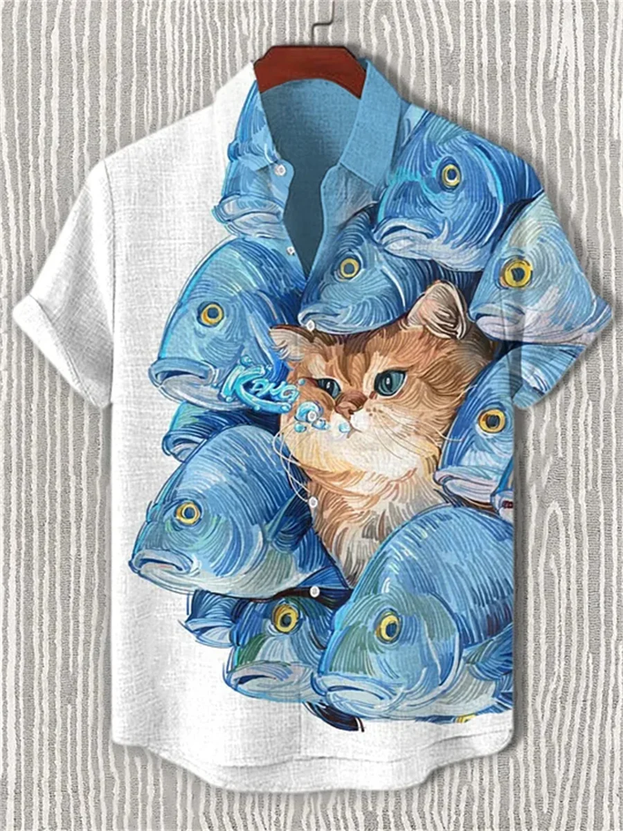 고양이와 파란 물고기가 프린트된 남성용 반팔 셔츠, 칼라 디자인, 캐주얼 남성용 상의, 야외 해변 하와이안 셔츠.