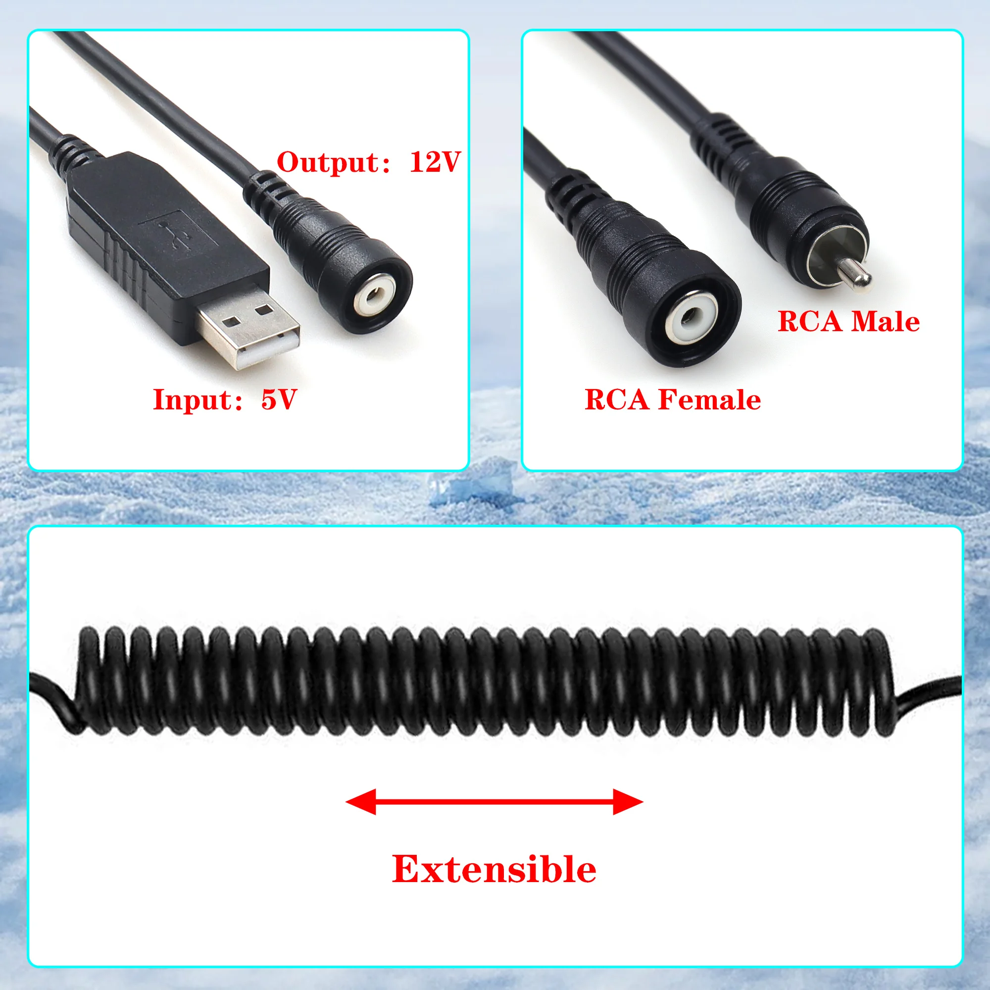 【LANO】RCA Adaptor Plug Kit Snowmobile Heated Shield Power Cord / Cord Kit for Heated Shield Snowmobile Helmet | black