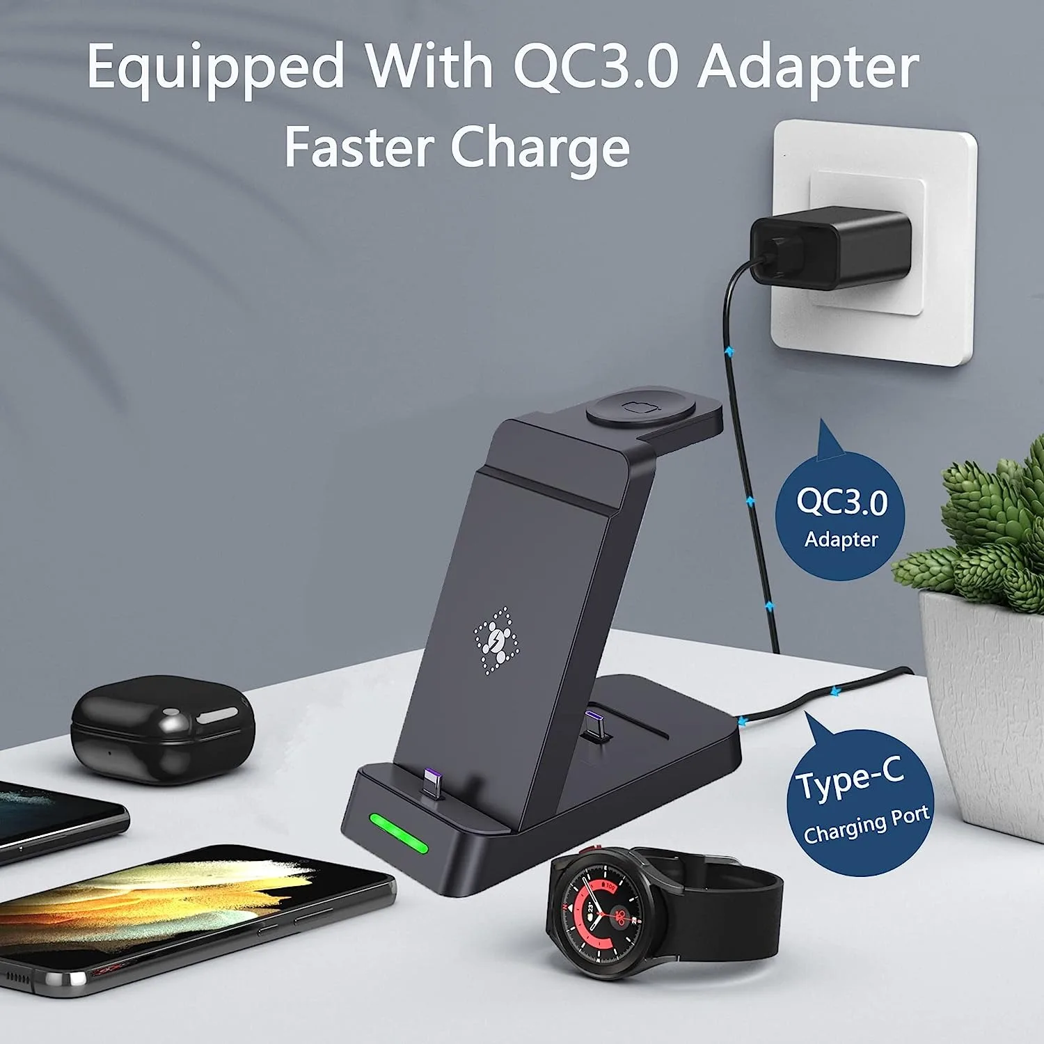 3 in 1แท่นชาร์จไร้สาย15W สำหรับ Galaxy Watch 5 4 Samsung S23 S22 Xiaomi Huawei ชาร์จโทรศัพท์ได้อย่างรวดเร็วแท่นชาร์จ