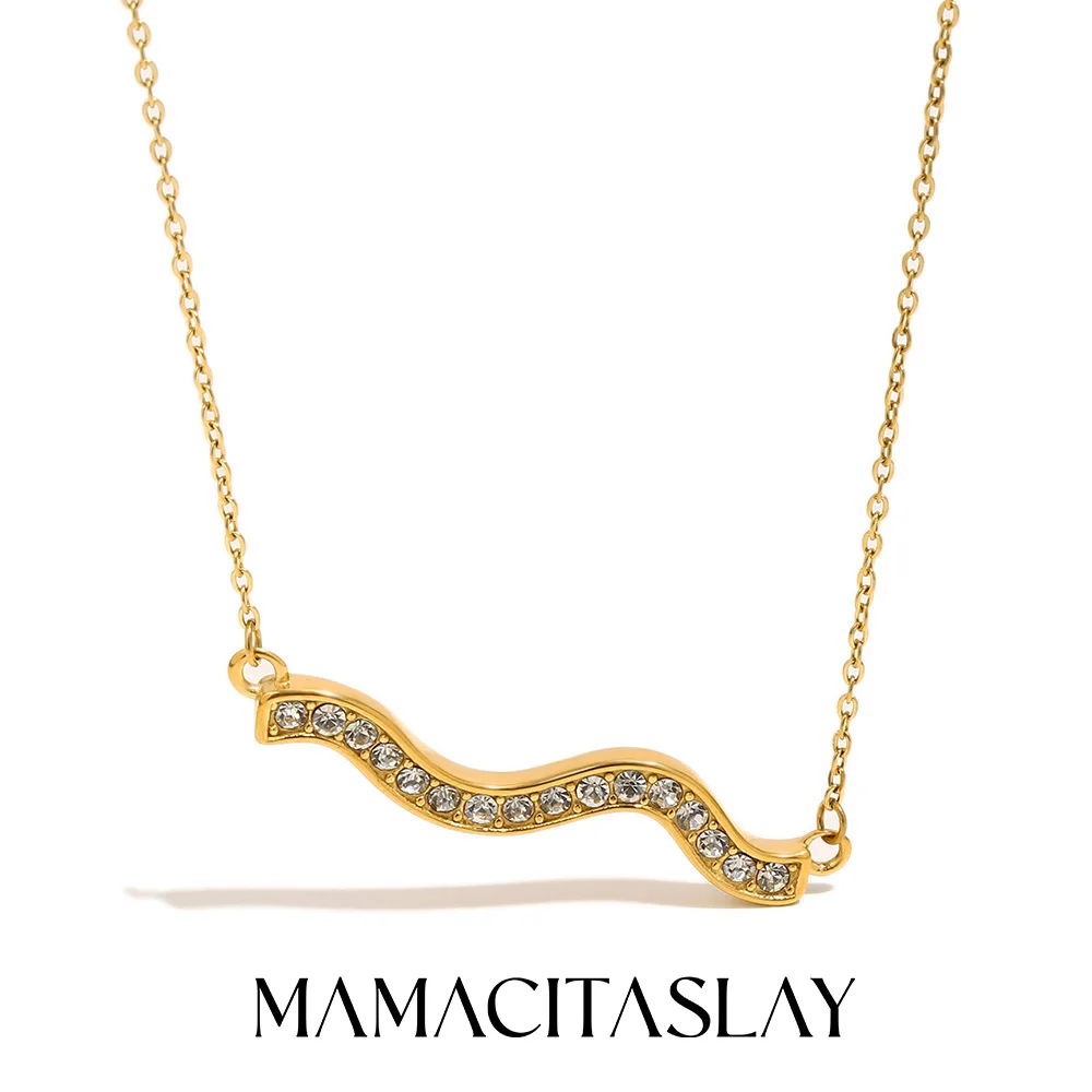 MamacitaSlay 316L Edelstahl Wellen-Zirkon-Halskette, 18K vergoldet, wasserdicht, Halsschmuck für Frauen, Alltagskleidung, Geschenke