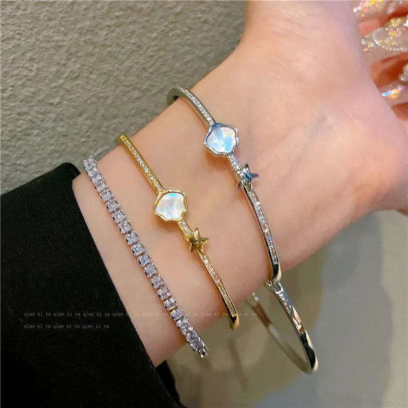 

CC Trendy Bracelet Gold Silver Color Shell Shape 100% Handmade Open Bangle Shining Zirconia Exquisite Bijoux Women Jewelry J1294