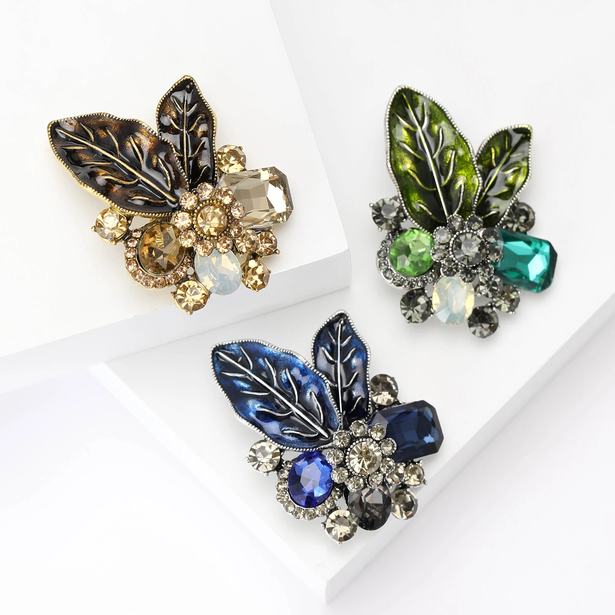 

StarryGem Wholesale Enamel Leaf Brooches for Women Rhinestone Flower Pins Office Party Friend Gifts Accessories