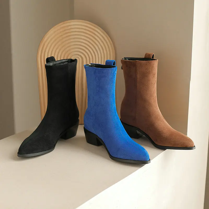 Brown Royal Blue Color Pointed Toe Soft Faux Suede Leather Winter Warm Ankle Slip-on Shoes Western Casual Mid Heels Women Boots