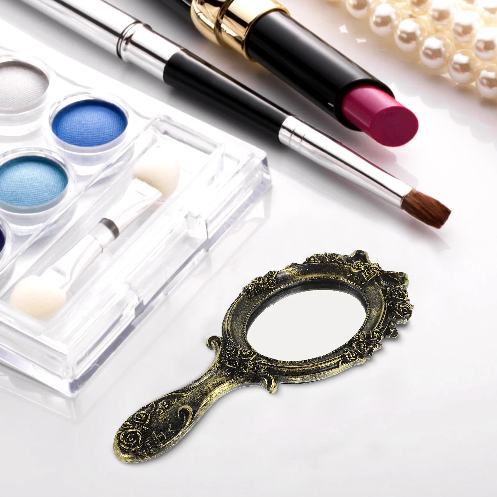 Portable Vintage Makeup Mirror Handheld Retro Style Embossed Clear Reflective Surface Ideal for Travel and