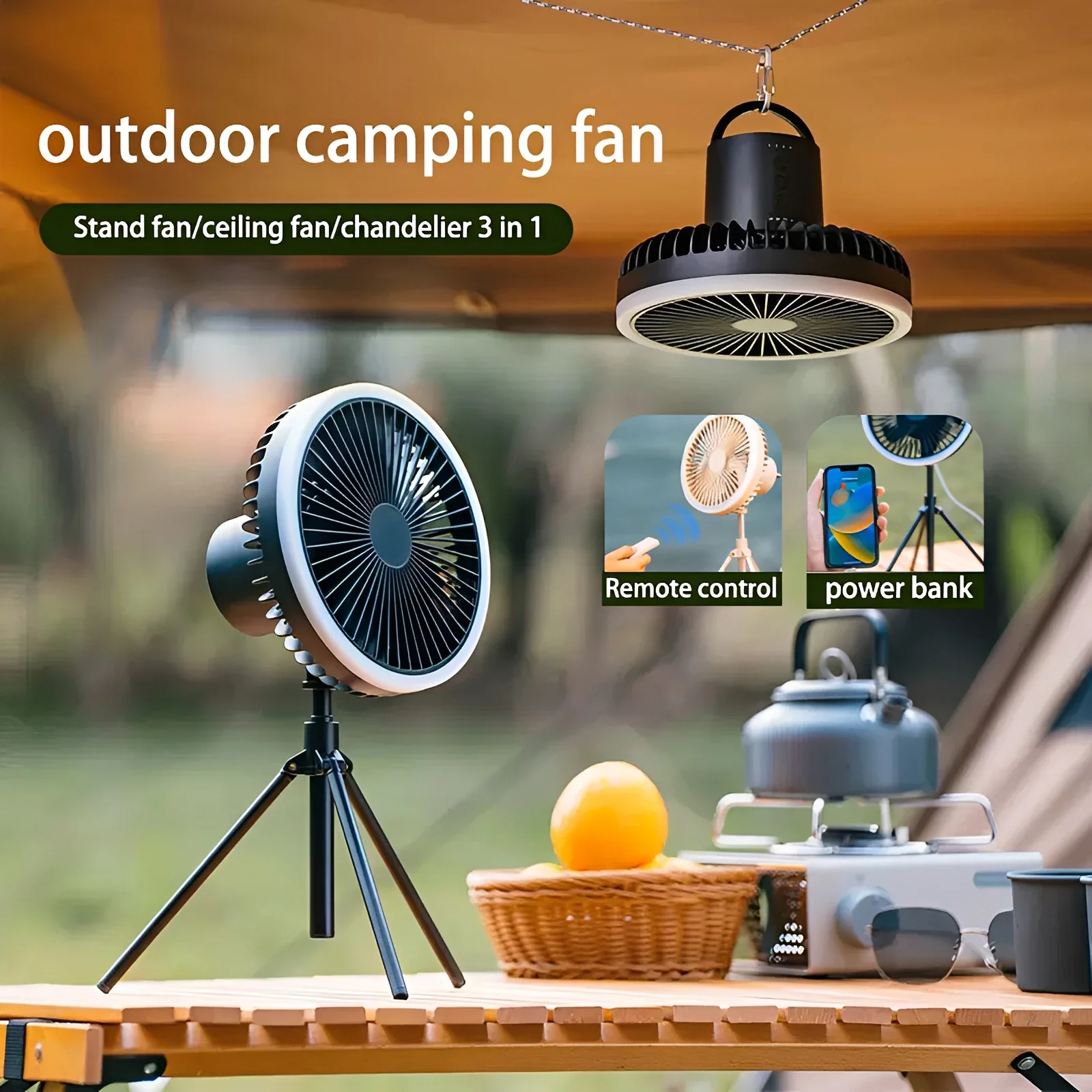 10000mAh Camping Tent Fan Desktop Auto Oscillation Portable Circulator Wireless Ceiling Electric Fan with Remote Control lamp